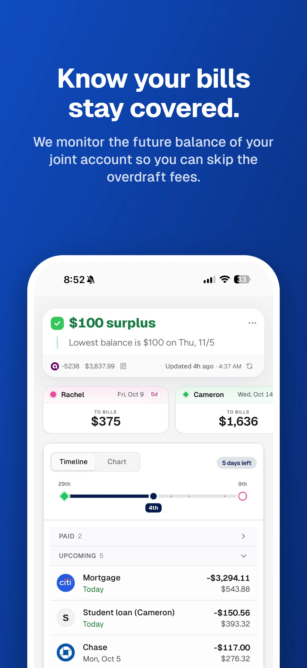 Know your bills stay covered. We monitor the future balance of your joint account so you can skip the overdraft fees. The forecast shows the lowest balance, upcoming contributions and bills.