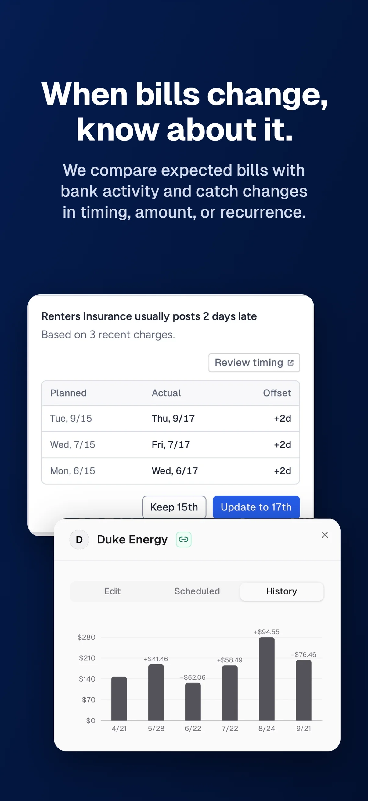 When bills change, know about it. We compare expected bills with bank activity and catch changes in timing, amount, or recurrence. Review timing suggestions and bill amount history.